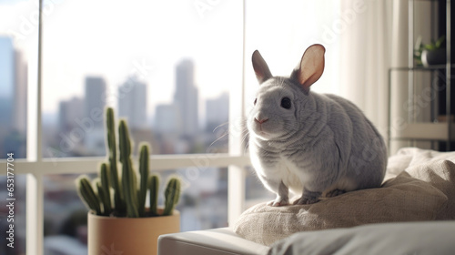 Charming chinchilla in sleek apartment, exemplary pet care.