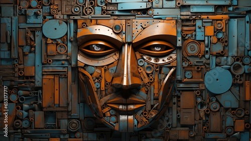 Generative AI, Abstract robotic face on rusty vintage metal background, geometric shapes