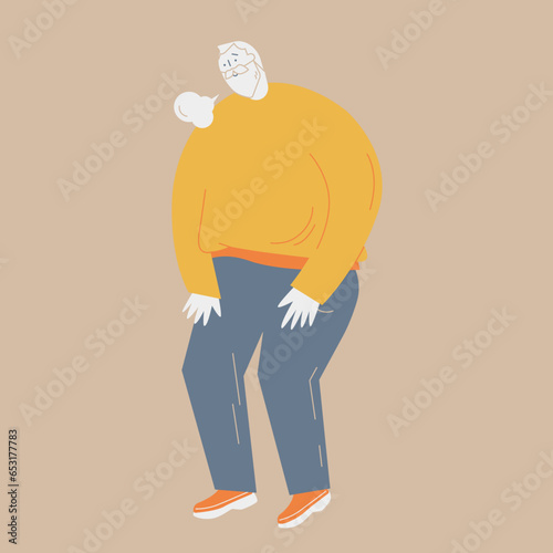 An elderly man walks while sighing. His hips are bent.