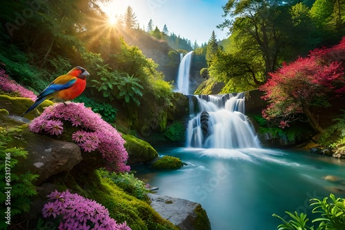 beautiful bird sitting near waterfall in the forest at sunrise © Izhar