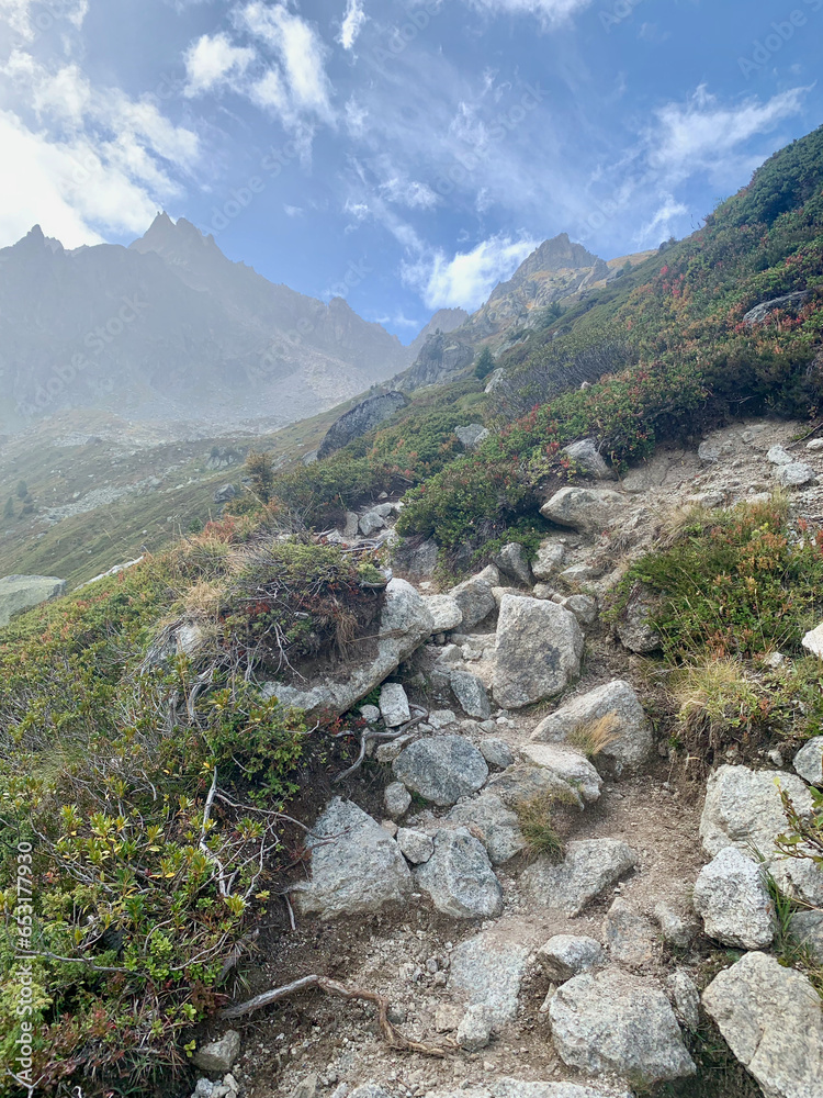 Fototapeta premium Chemin de randonnée qui mène à la fenêtre d'Arpette dans les Alpes suisses, variante du TMB