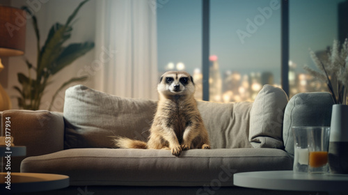 Unique cohabitation: a meerkat and a modern apartment. photo
