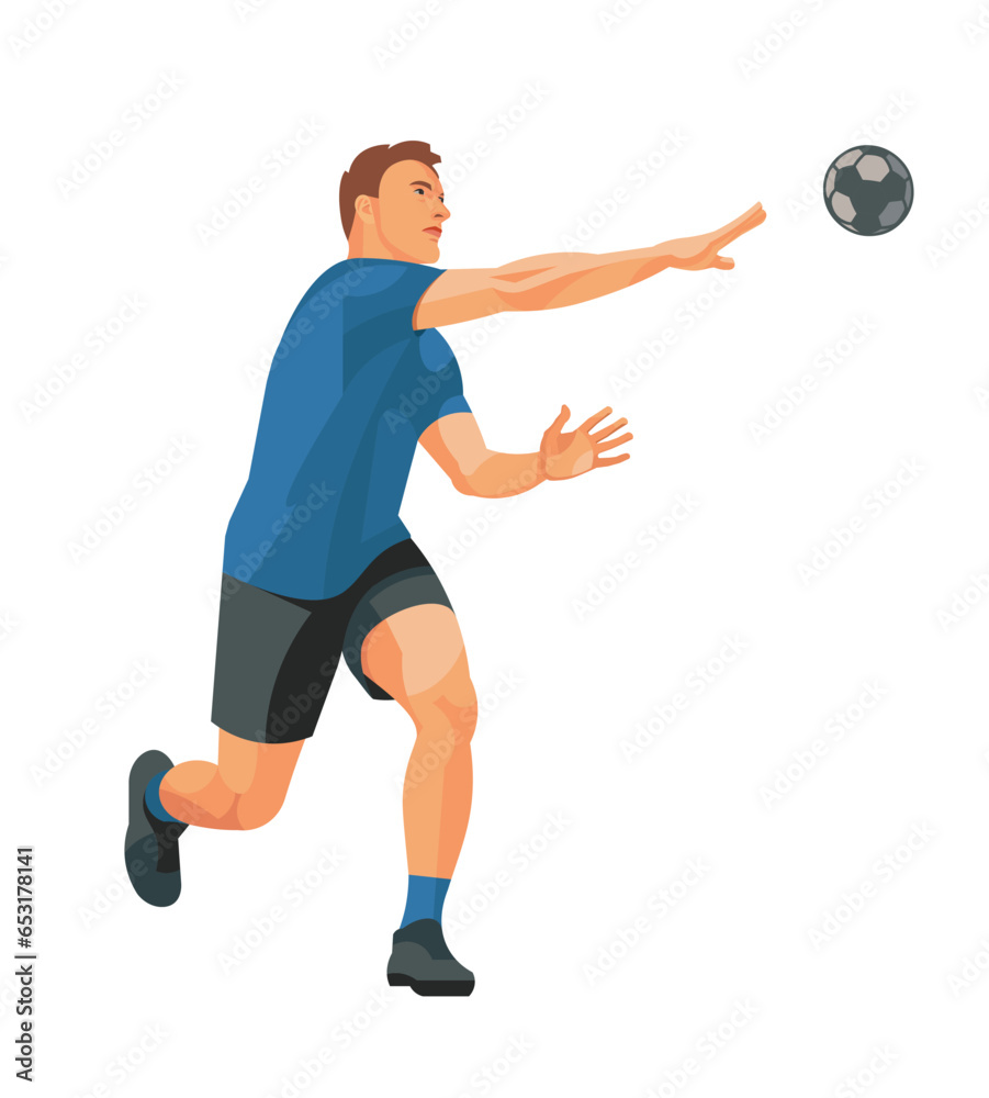 Isolated figure of a handball player in a blue T-shirt who ran up and threw the ball at training session or a competition