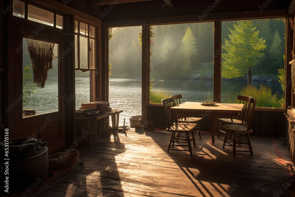 Fototapeta premium In a tranquil lakeside cabin, morning light painted a masterpiece on the water's surface, while the aroma of coffee filled the air, welcoming a new day's serenity.