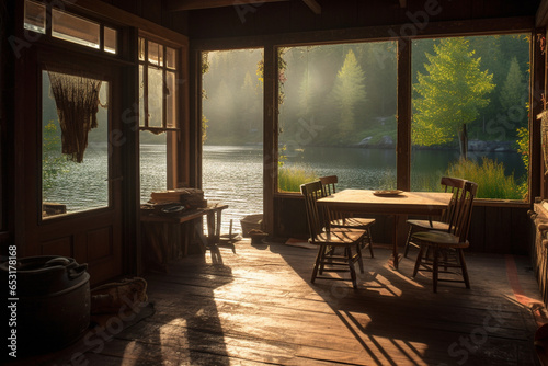 In a tranquil lakeside cabin  morning light painted a masterpiece on the water s surface  while the aroma of coffee filled the air  welcoming a new day s serenity.