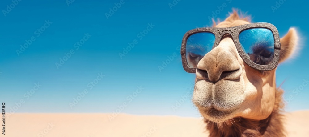 Camel sunglasses banner. Funny animal. Generate Ai