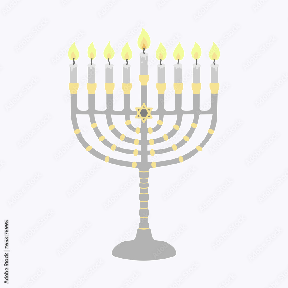 Menorah with nine lit candles. Flat icon. Brightly glowing Hanukkah menorah. Candle holder on isolated background, Vector illustration. Menorah with nine lit candles. Flat icon. Brightly glowing Hanukkah menorah. Candle holder on isolated background, Vector illustration.