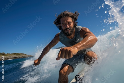A surfer carving through a wave's face, leaving a trail of water in their wake