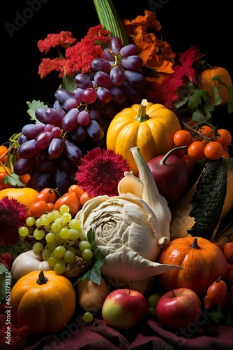 Vivid Thanksgiving Artist Fruits and Veggies with Flair  with empty copy space Generative AI