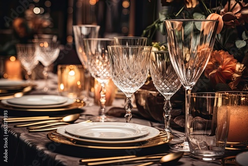 Luxury table settings for fine dining with and glassware photo