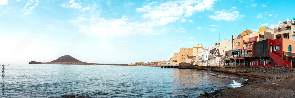 Panoramic view of Medano, beautiful  town and beach with volcanic sand in southern Tenerife , Canary Island.