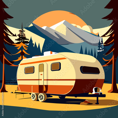 Camping trailer in the mountains. illustration in flat style.