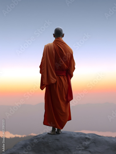 Buddhist monk standing on mountaintop at beautiful sunset or sunrise