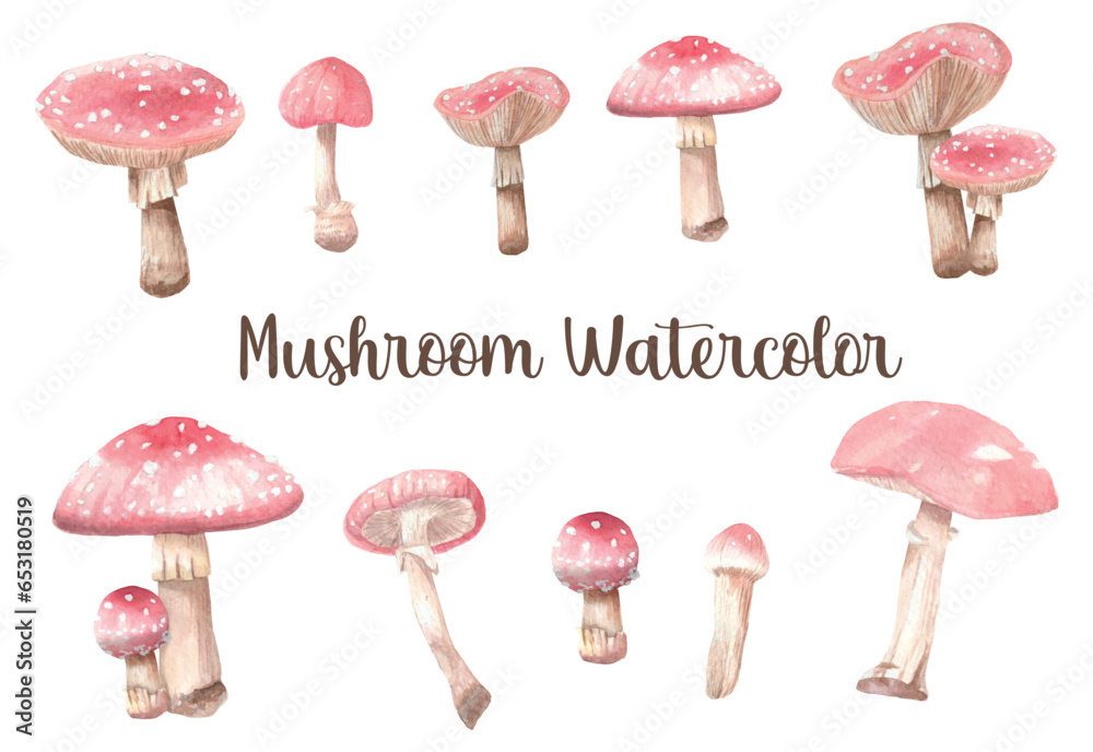set of watercolor red mushrooms - obrazy, fototapety, plakaty 