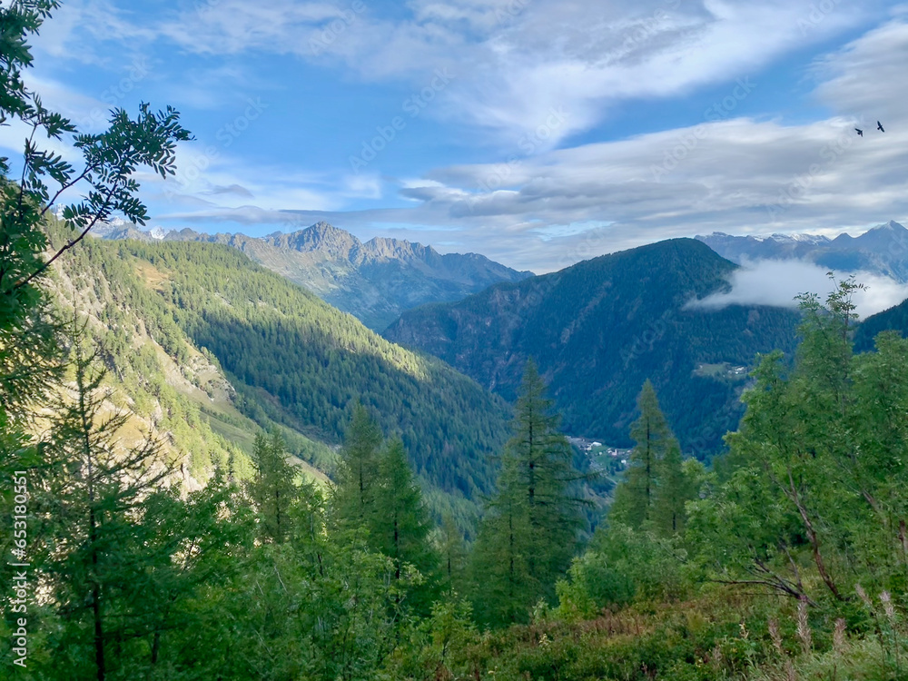 Vue sur la vallée du Trient pendant l'ascension vers le refuge de Balme en Suisse