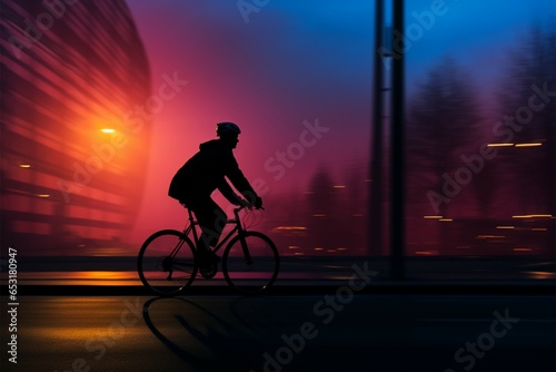 A commuter bike riders silhouette blends into the twilight backdrop