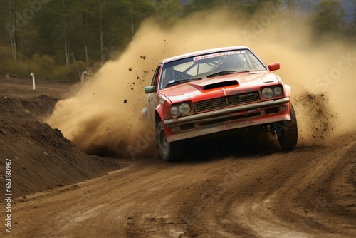 A crimson car navigates a rustic dirt road, dust trailing behind