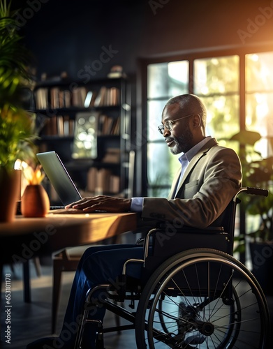 disabled African American man doing work on a computer, business, rehabilitation program for people with physical disabilities, work for the disabled, equal opportunities