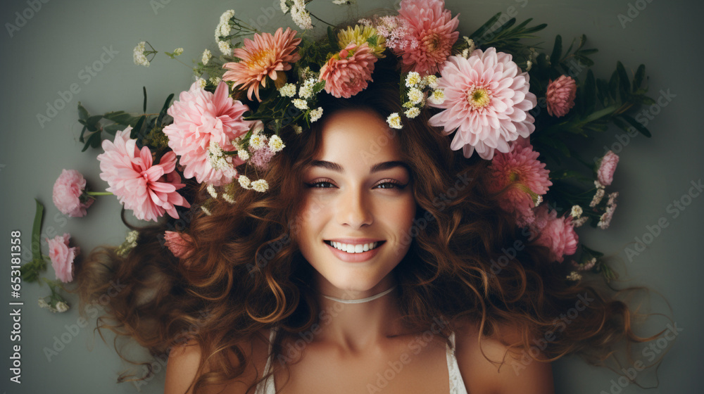 Naklejka premium A woman with a flower crown on her head, Generative AI