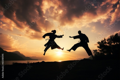 Karate practitioners showcase their skills amid a picturesque sunset backdrop