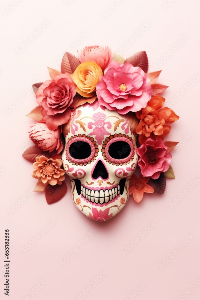 Happy Halloween holiday spooky scary background with decoration skull and flowers, Haloween event invitation poster card backdrop, trick or treat santa muerte fall party. Flat lay.
