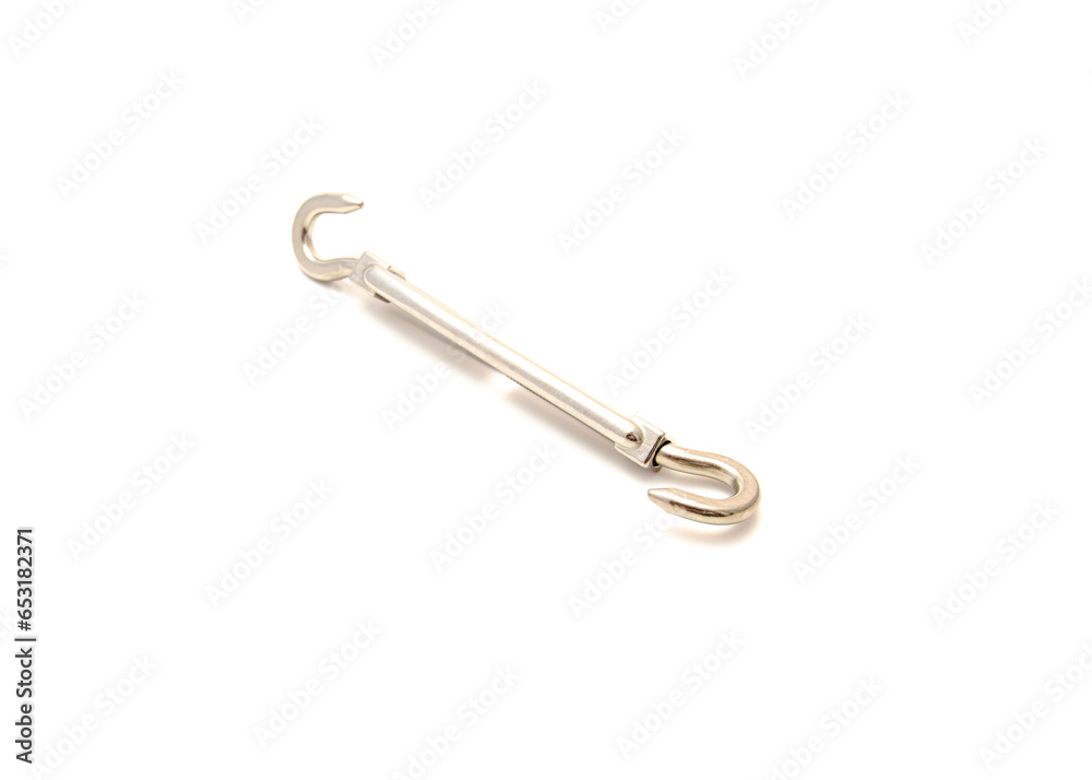 Single turnbuckle in sun shade sail hardware kit for cable wire rope, chain tension, heavy duty stainless steel isolated on white background Single turnbuckle in sun shade sail hardware kit for cable wire rope, chain tension, heavy duty stainless steel isolated on white background