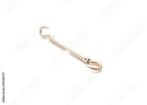 Single turnbuckle in sun shade sail hardware kit for cable wire rope, chain tension, heavy duty stainless steel isolated on white background © trongnguyen