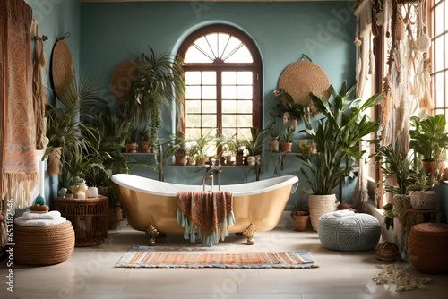 bathroom with exotic rainforest influences, lush greenery, and vibrant wildlife motifs. Generative ai. © kapros76