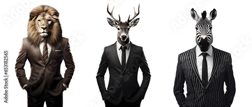 Set of creative animal head in business suit and standing posing, Lion, deer, zebra, Contemporary art idea concept design, isolated on white and transparent background, ai generate