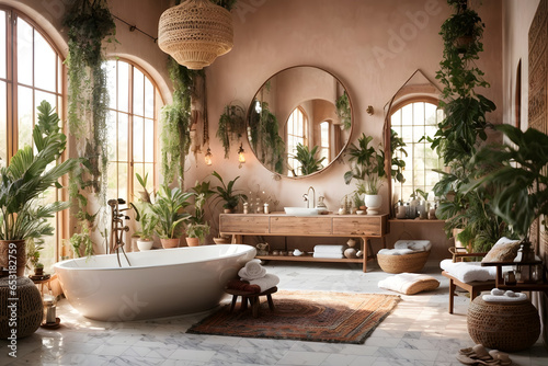 Boho serenity in your bathroom with decor that radiates Bohemian elegance  natural serenity  and a touch of wanderlust. Generative ai.