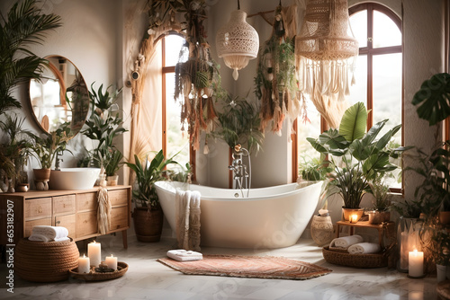 Boho serenity in your bathroom with decor that radiates Bohemian elegance  natural serenity  and a touch of wanderlust. Generative ai.