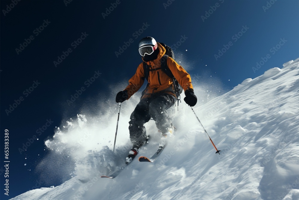 Skier carves the snowy landscape, displaying skill on the wintry slopes