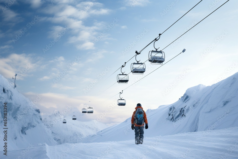 Snowboarder stands ready beneath a cable road, ready for the slopes