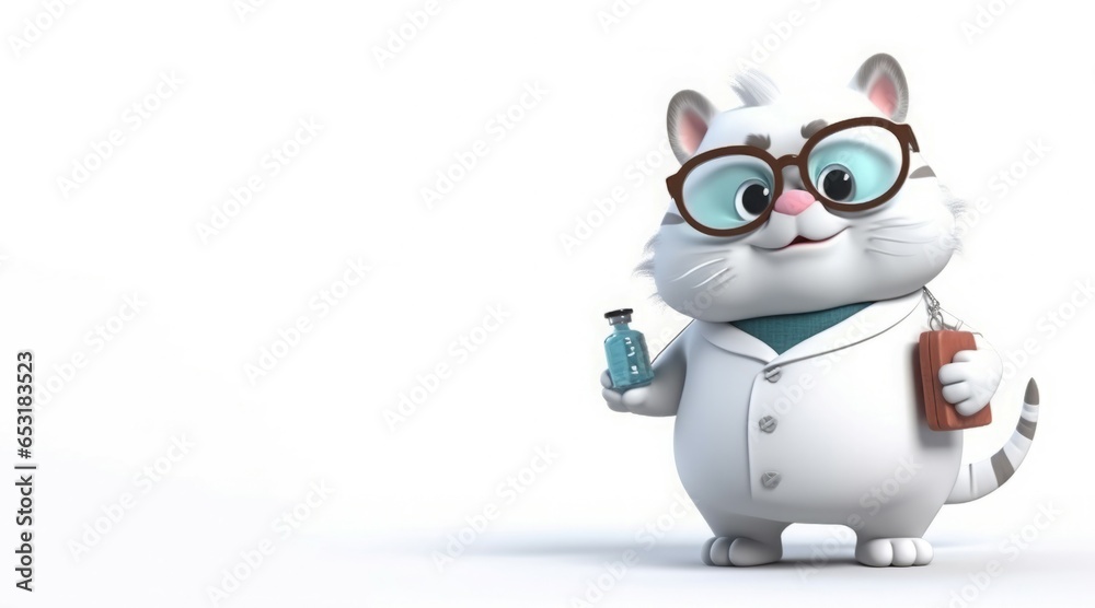 Fat cat doctor banner. Cartoon 3d mascot. Generate Ai
