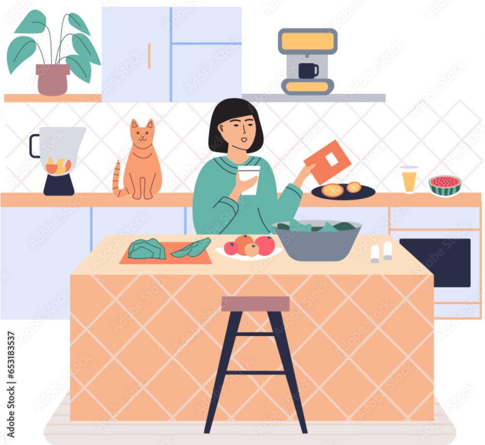 People cooking vegetarian food. Vector illustration. Happy culinary. Lady at stove alone. Chef cooks preparing food cook hands on the kitchen table. Girl prepare dinner cutting vegetables for salad People cooking vegetarian food. Vector illustration. Happy culinary. Lady at stove alone. Chef cooks preparing food cook hands on the kitchen table. Girl prepare dinner cutting vegetables for salad