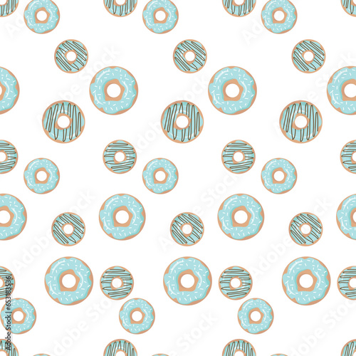 Hand drawn seamless pattern with colorful donuts with green glaze on a white background. Vector illustration