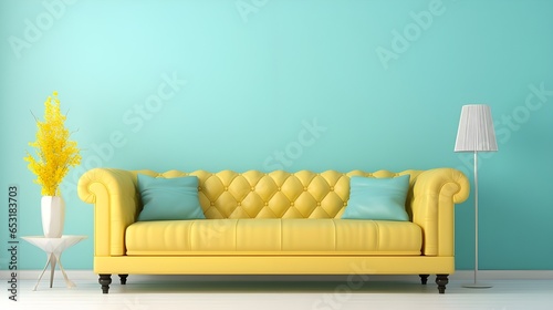 A yellow pastel colored luxury sofa in a pastel blue walls living room mock up.