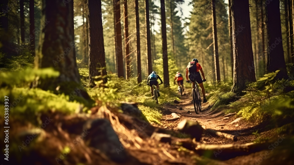 bicycle trekking over rough terrain, in the forest in the mountains, cycling, travel