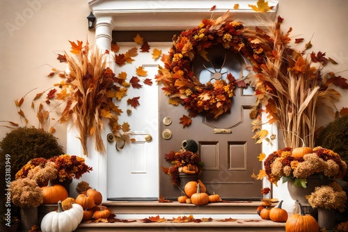 Autumn wreath decorating front door halloween concept  photo