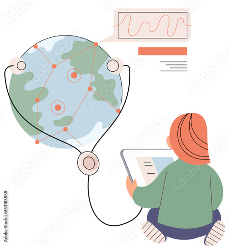 Scientist conducts research to study planet Earth. Woman listens to globe with phonendoscope, makes experiments to determine level of climate change, identify environmental problems, scientific test