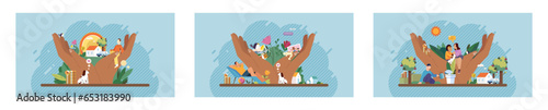 Wellbeing metaphor. Vector illustration. Support insurance, protective shield for every employee Employee wellbeing, lifeblood of energized workplace Humcare, bonding glue in professional environment