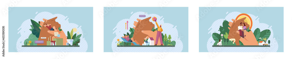 Wellbeing metaphor. Vector illustration. Wellbeing at work, fuel that drives productivity Support of professional growth, stepping stones to success Support insurance, safety net in professional life