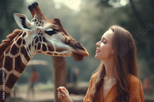 Girl feeds giraffe. Nature park. Generate Ai © nsit0108