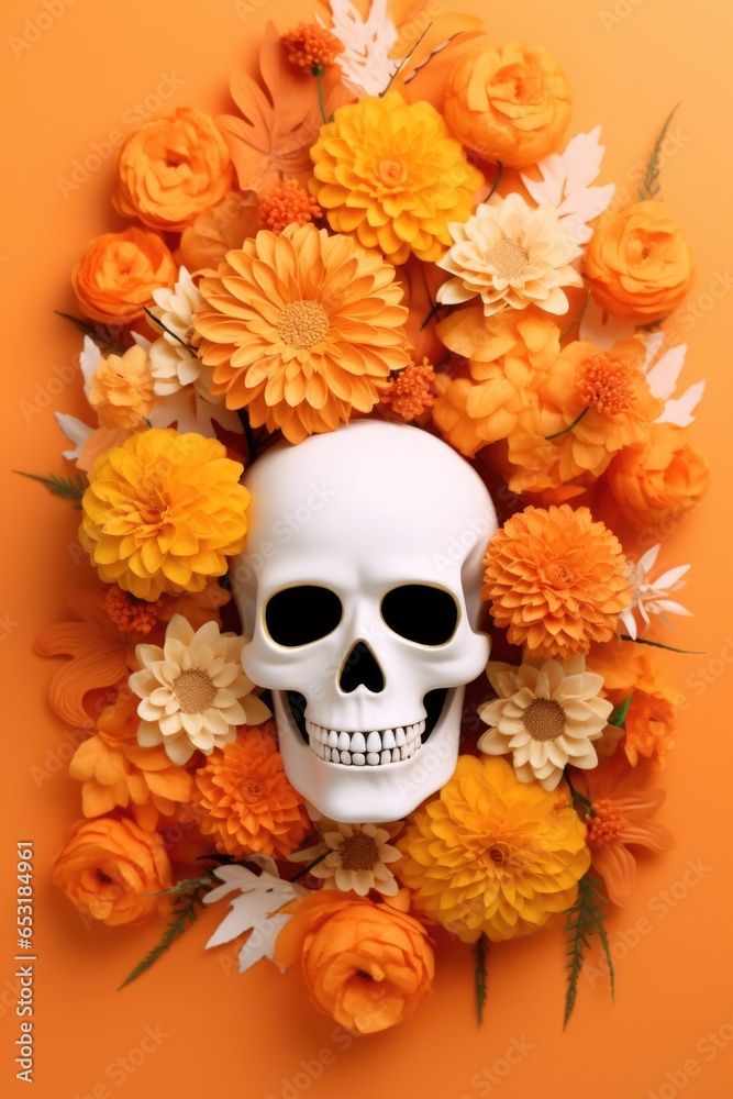Happy Halloween holiday spooky scary background with decoration skull and flowers, Haloween event invitation poster card backdrop, trick or treat santa muerte fall party. Flat lay.