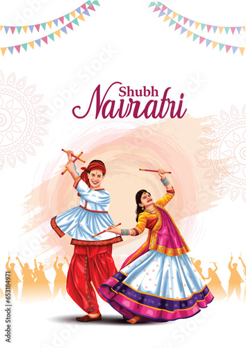 PrintGarba Night poster for Navratri Dussehra festival of India. vector illustration design of peoples playing Dandiya dance. photo