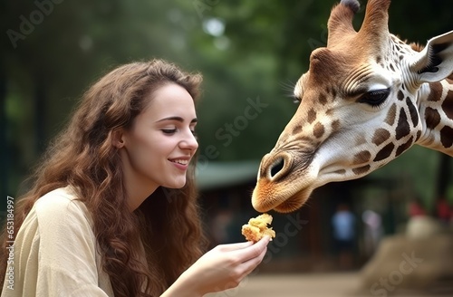 Girl feeds giraffe with food. Zoo nature park. Generate Ai © nsit0108