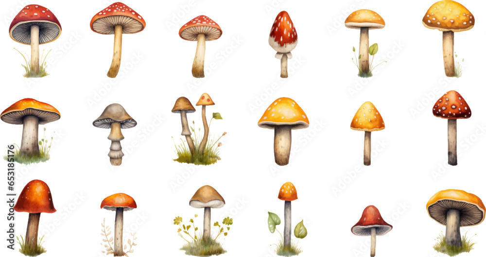 colorful illustrations of mushrooms in watercolor, in the style - obrazy, fototapety, plakaty 