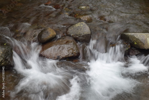 Clear river water flows between rocks in the wild in the middle of the forest