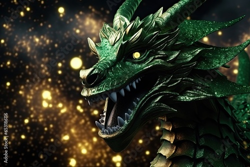The symbol of the new year is a dragon against a background of rich, bold shades of precious stones.