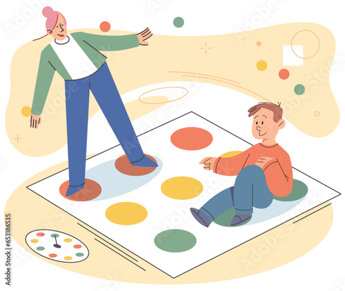 Mother and son playing twister at floor, people spend time together, parent and kid playing indoor game. Happy mom and son, home activity, people have fun. Friends company joyful time inside